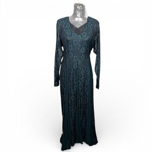 Vintage 90s Whimsigoth Dark Fairy Lace Maxi Dress Emerald Green Large Party